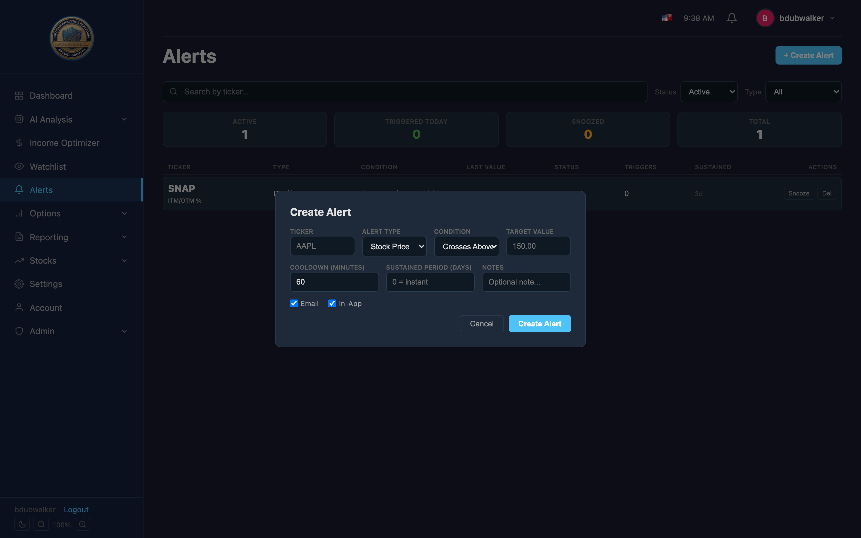Create Alert modal